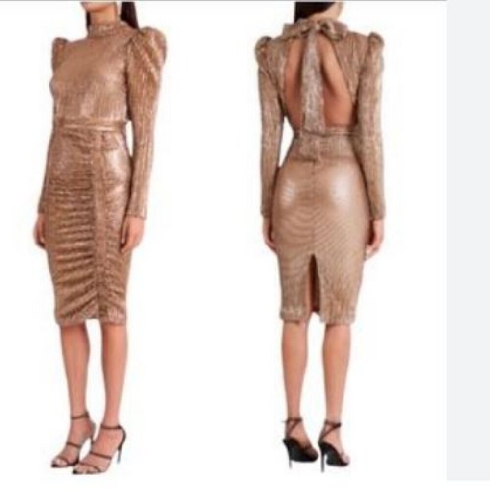 Lavish Alive sequin long sleeve open back fitted dress- Size 0 / XS - GOLD